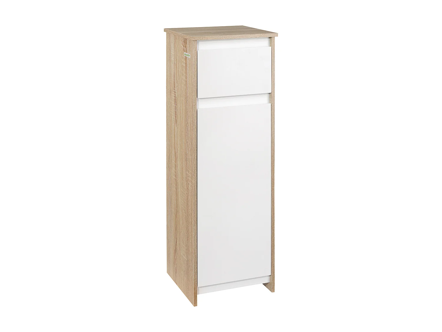 Meuble colonne bas salle de bain style cosy dim. 32L x 30l x 90H cm porte étagère tiroir MDF blanc aspect chêne clair