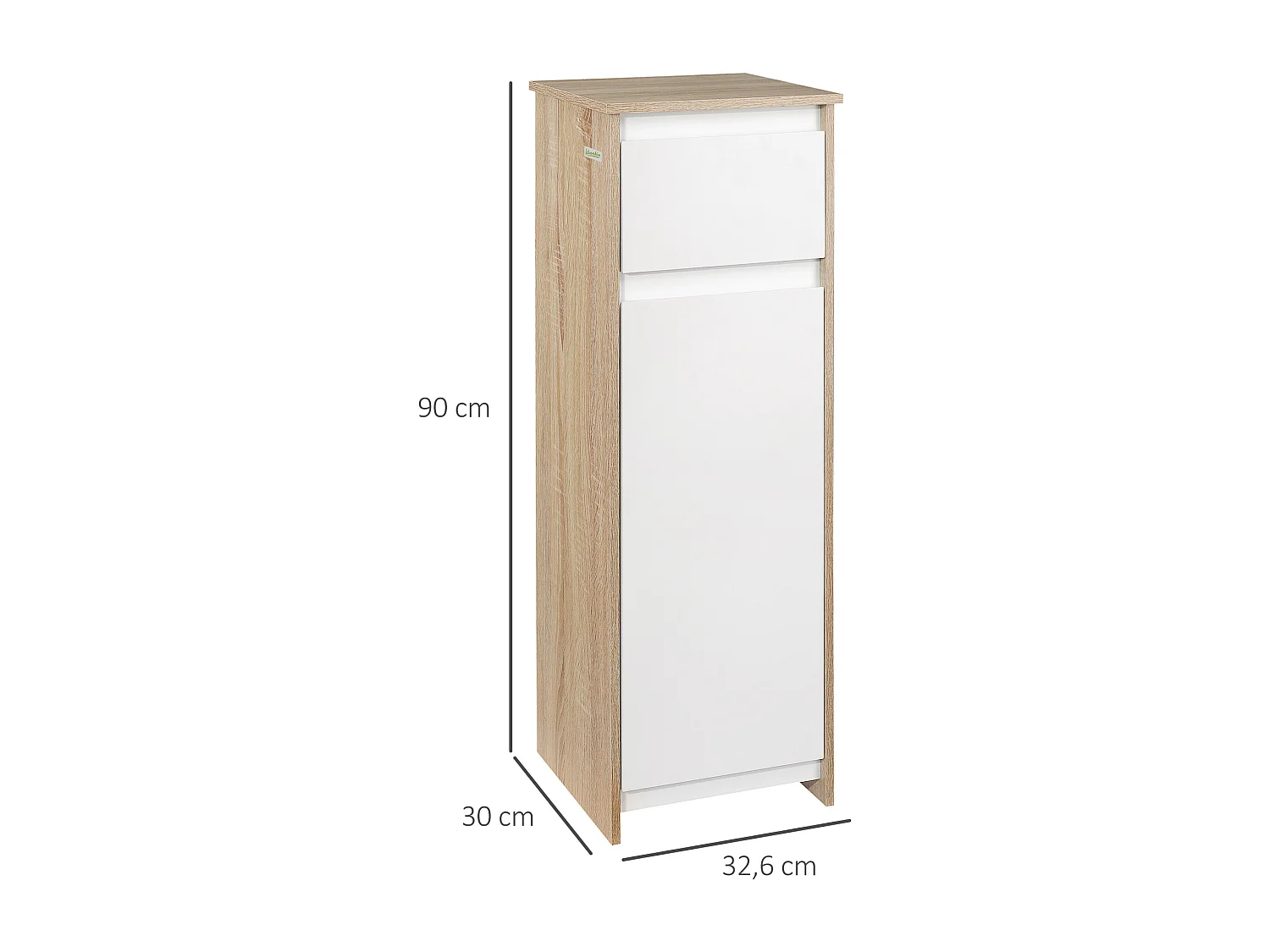 Meuble colonne bas salle de bain style cosy dim. 32L x 30l x 90H cm porte étagère tiroir MDF blanc aspect chêne clair