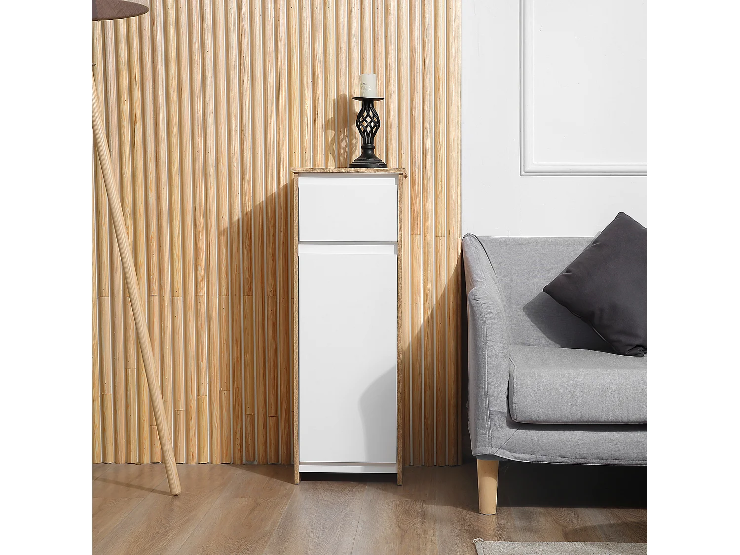 Meuble colonne bas salle de bain style cosy dim. 32L x 30l x 90H cm porte étagère tiroir MDF blanc aspect chêne clair