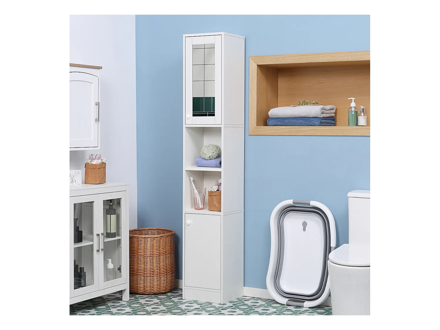 Meuble colonne de salle de bain 2 portes avec étagères réglables 2 niches miroir panneaux particules blanc