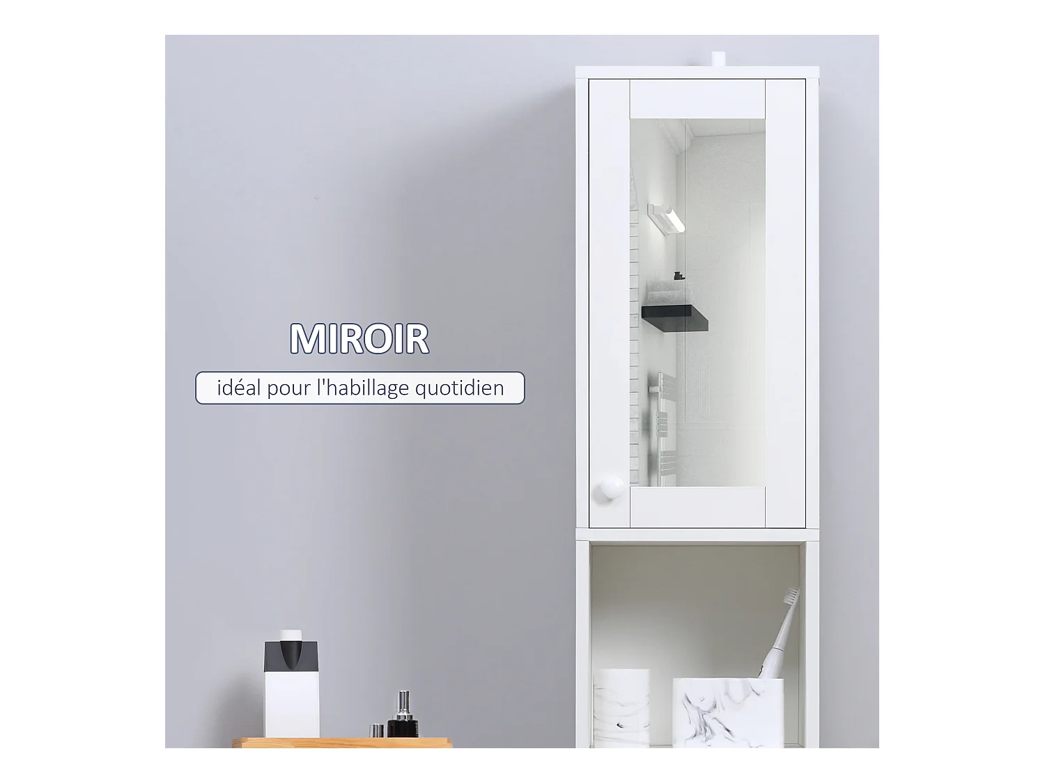 Meuble colonne de salle de bain 2 portes avec étagères réglables 2 niches miroir panneaux particules blanc