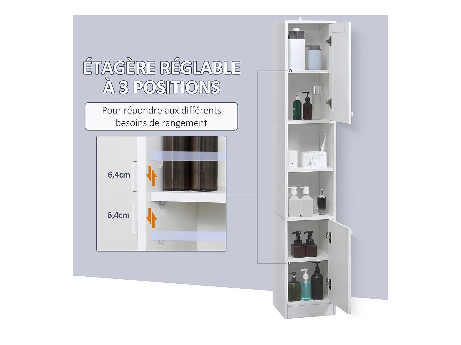 Meuble colonne de salle de bain 2 portes avec étagères réglables 2 niches miroir panneaux particules blanc