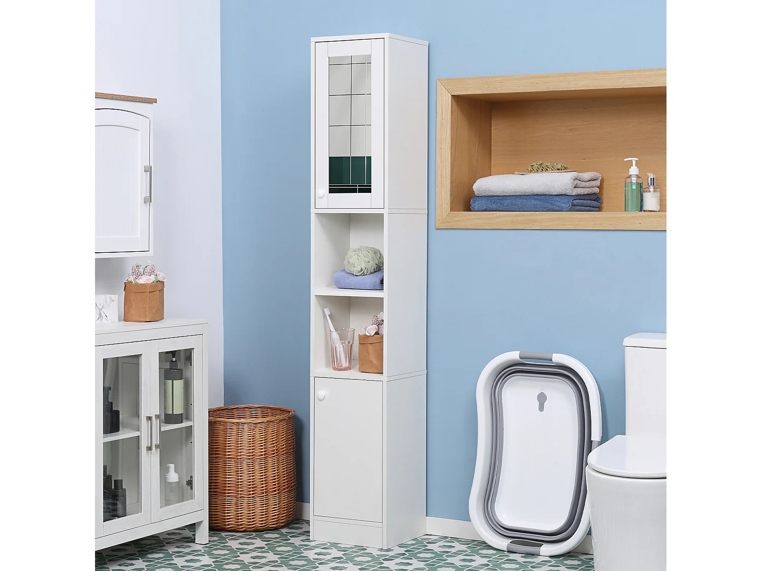 Meuble colonne de salle de bain 2 portes avec étagères réglables 2 niches miroir panneaux particules blanc