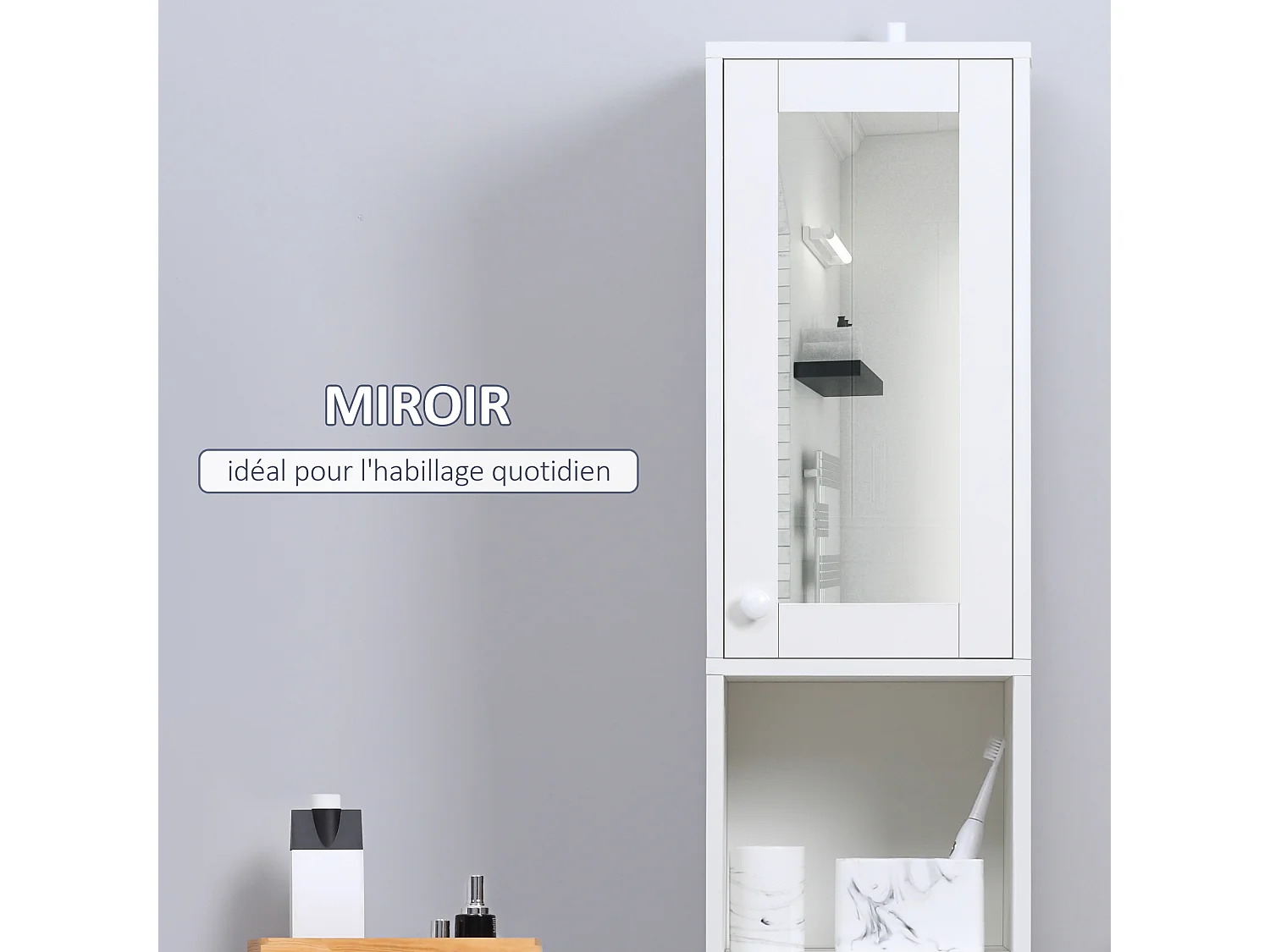 Meuble colonne de salle de bain 2 portes avec étagères réglables 2 niches miroir panneaux particules blanc