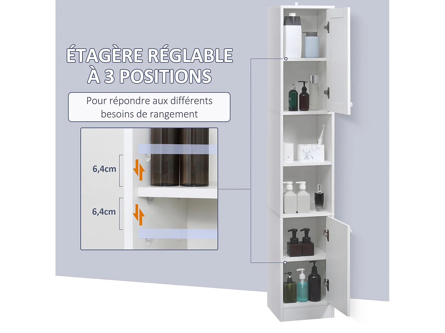 Meuble colonne de salle de bain 2 portes avec étagères réglables 2 niches miroir panneaux particules blanc
