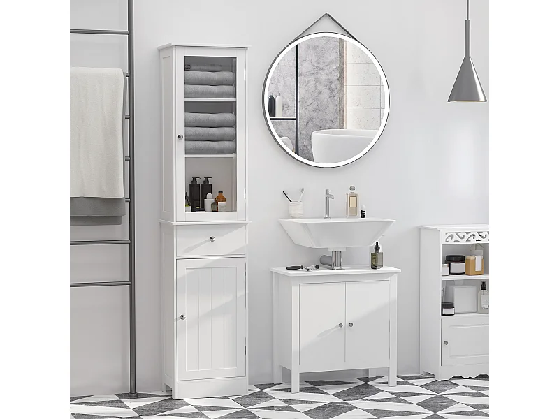 Meuble colonne de salle de bain placard porte acrylique 2 étagères placard porte 1 étagère tiroir MDF blanc