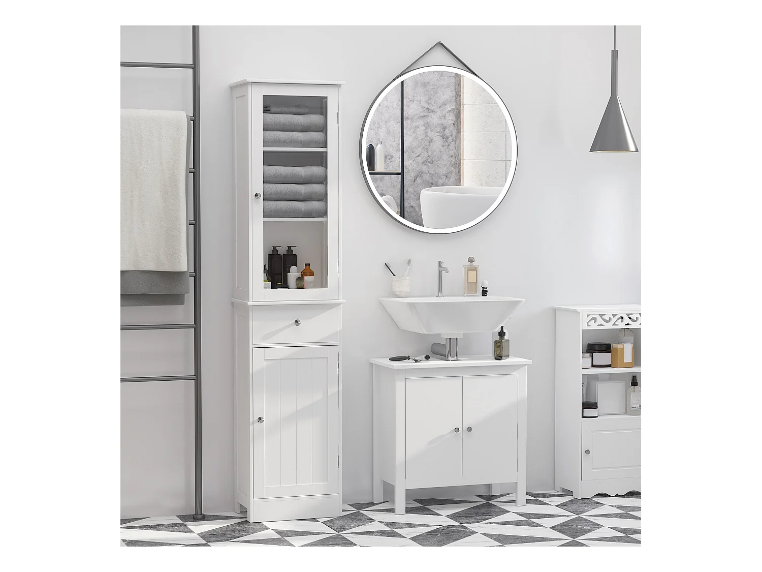 Meuble colonne de salle de bain placard porte acrylique 2 étagères placard porte 1 étagère tiroir MDF blanc