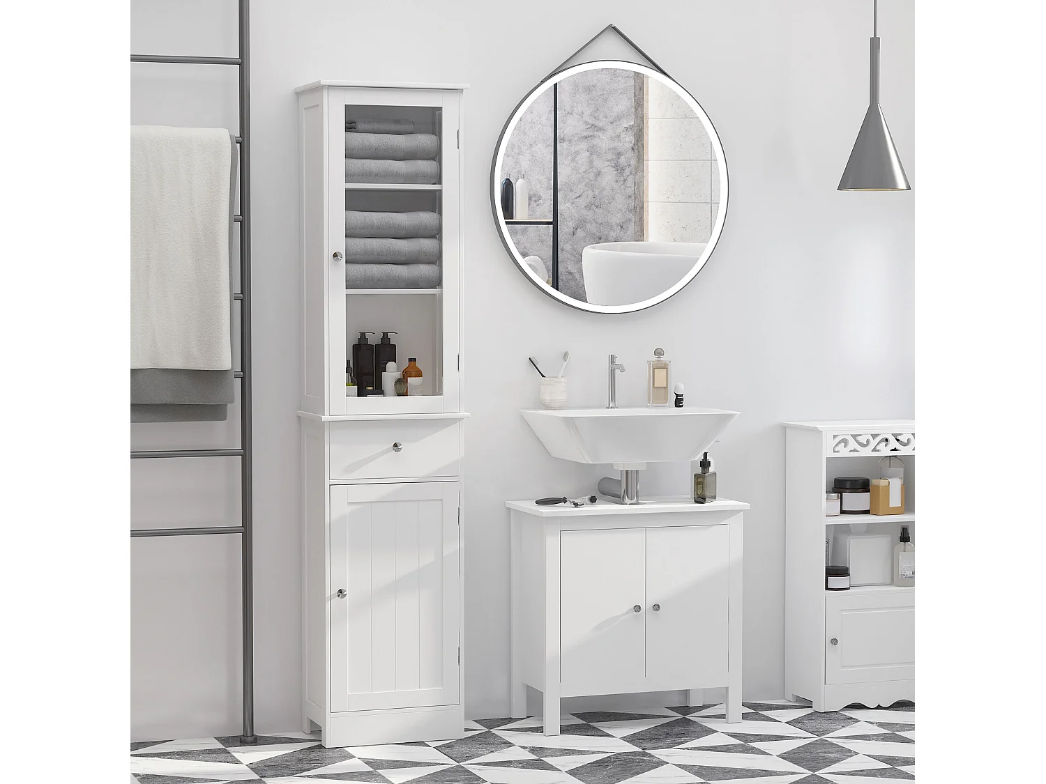 Meuble colonne de salle de bain placard porte acrylique 2 étagères placard porte 1 étagère tiroir MDF blanc