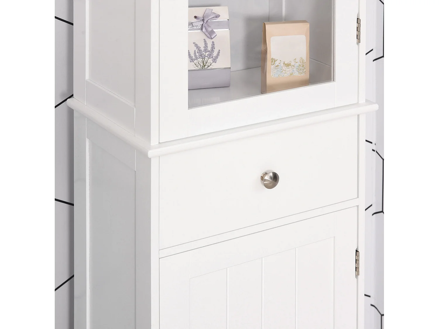 Meuble colonne de salle de bain placard porte acrylique 2 étagères placard porte 1 étagère tiroir MDF blanc