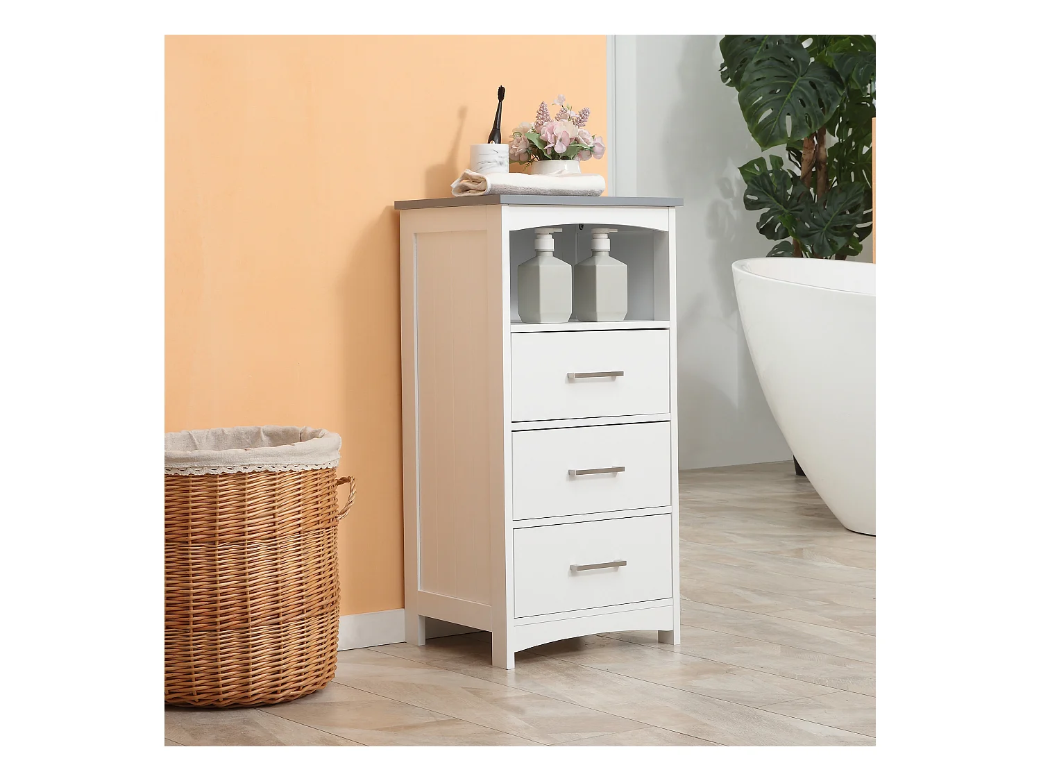 Meuble colonne salle de bain style contemporain - 3 tiroirs, niche - MDF blanc gris