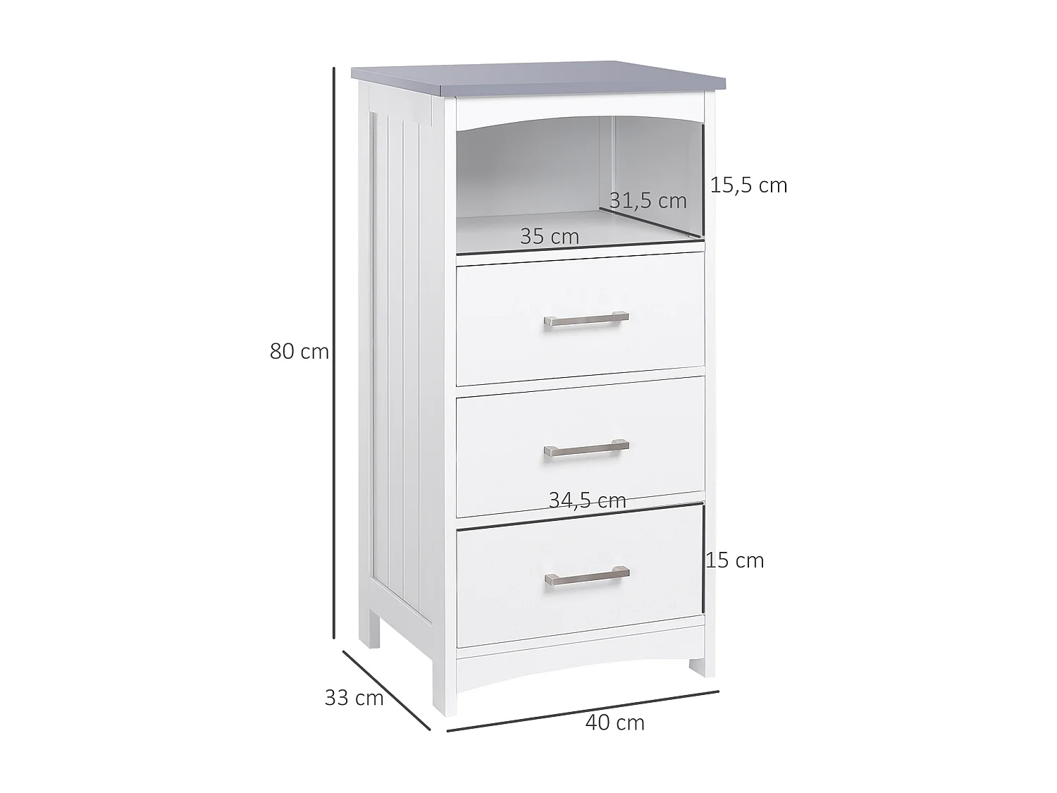 Meuble colonne salle de bain style contemporain - 3 tiroirs, niche - MDF blanc gris