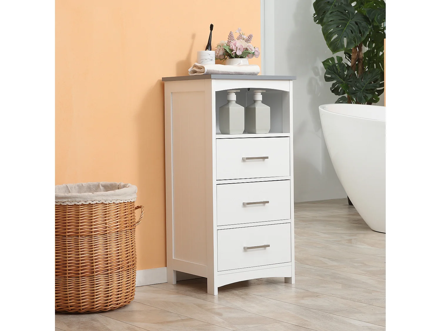 Meuble colonne salle de bain style contemporain - 3 tiroirs, niche - MDF blanc gris