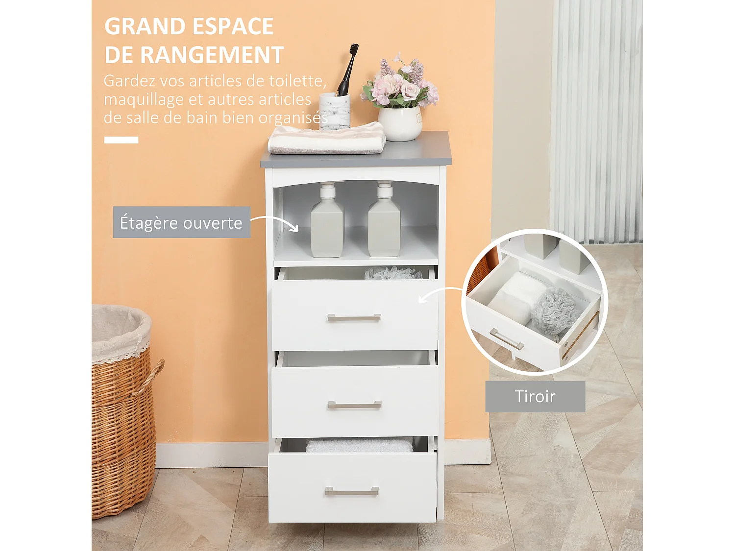 Meuble colonne salle de bain style contemporain - 3 tiroirs, niche - MDF blanc gris