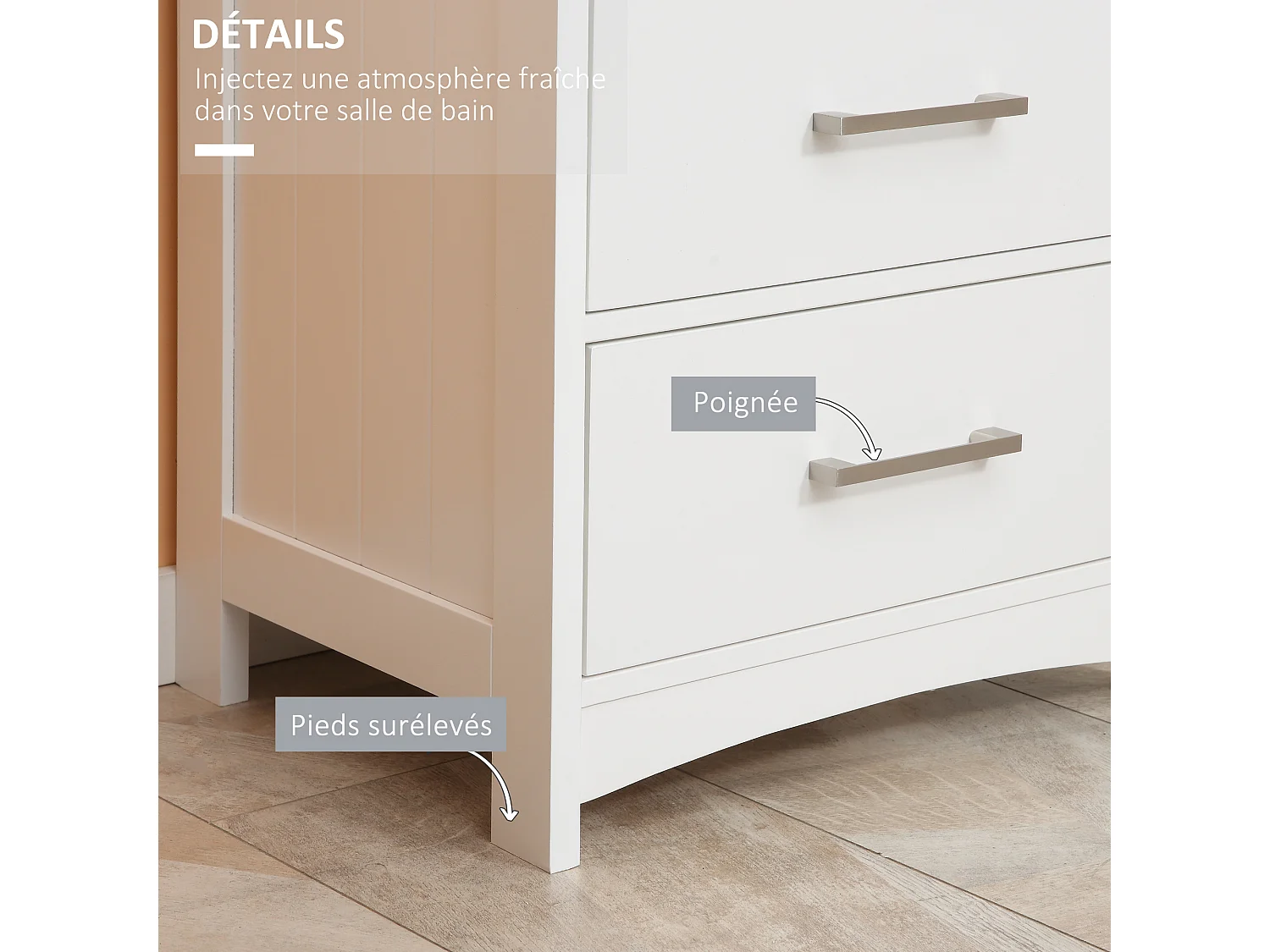 Meuble colonne salle de bain style contemporain - 3 tiroirs, niche - MDF blanc gris