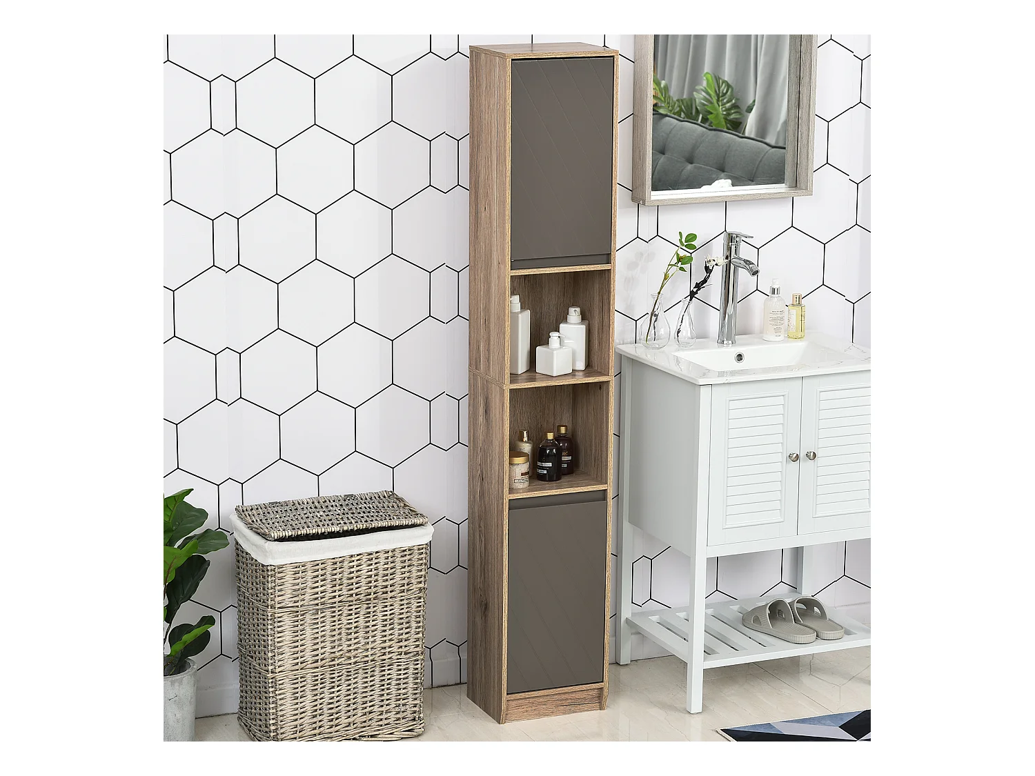 Meuble colonne rangement salle de bain style cosy dim. 30L x 24l x 170H cm 2 portes étagère 2 niches chêne clair gris
