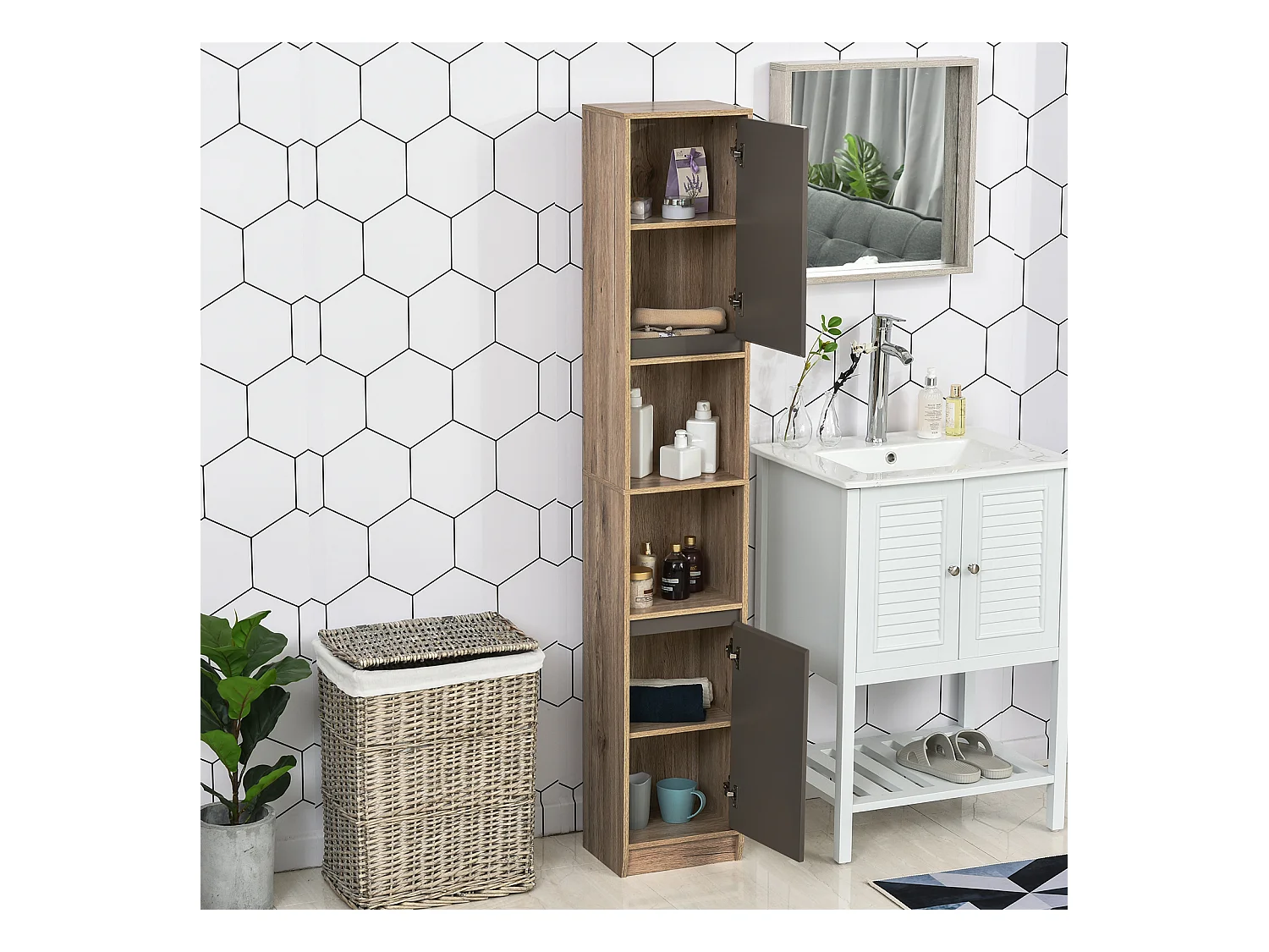 Meuble colonne rangement salle de bain style cosy dim. 30L x 24l x 170H cm 2 portes étagère 2 niches chêne clair gris