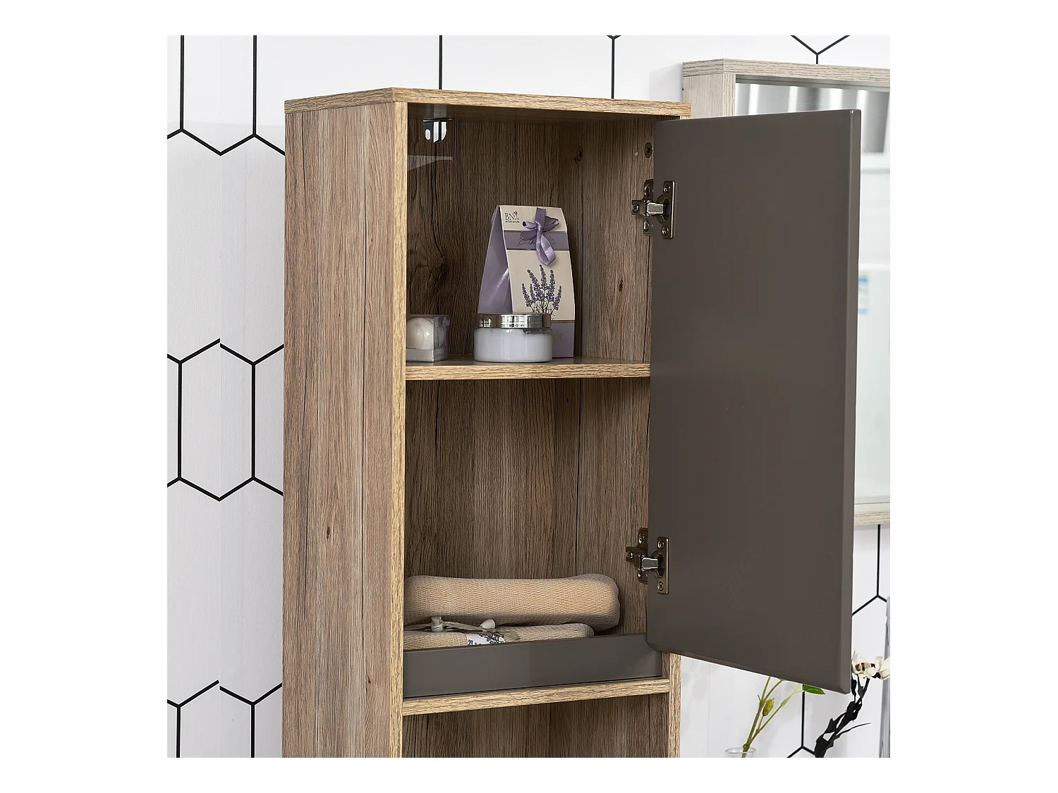 Meuble colonne rangement salle de bain style cosy dim. 30L x 24l x 170H cm 2 portes étagère 2 niches chêne clair gris