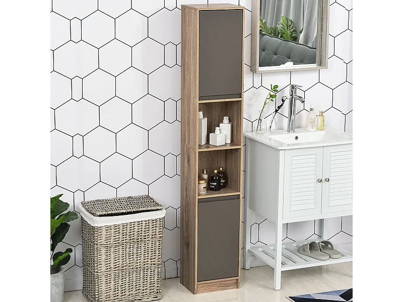 Meuble colonne rangement salle de bain style cosy dim. 30L x 24l x 170H cm 2 portes étagère 2 niches chêne clair gris