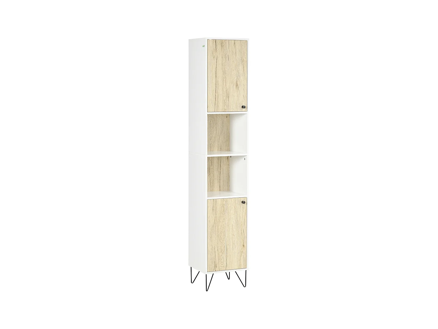 Meuble colonne rangement salle de bain style cosy 2 niches 2 portes avec étagère piètement épingle acier noir blanc aspect chêne clair