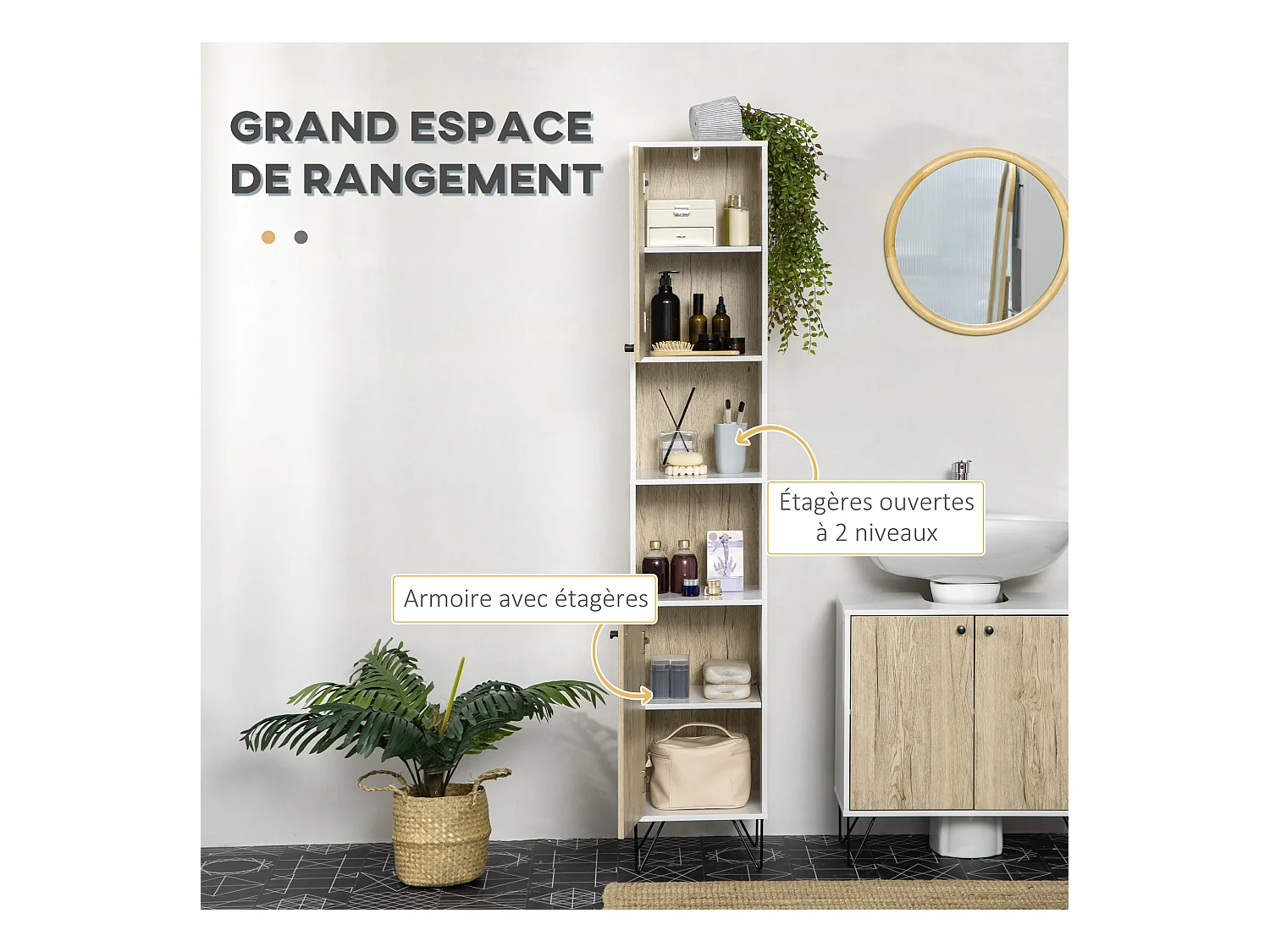 Meuble colonne rangement salle de bain style cosy 2 niches 2 portes avec étagère piètement épingle acier noir blanc aspect chêne clair