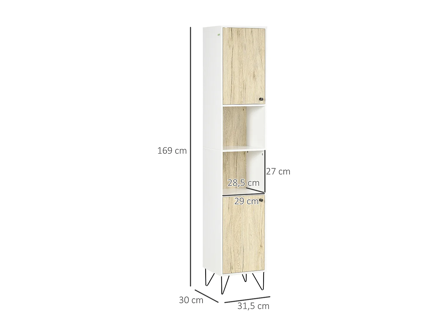 Meuble colonne rangement salle de bain style cosy 2 niches 2 portes avec étagère piètement épingle acier noir blanc aspect chêne clair