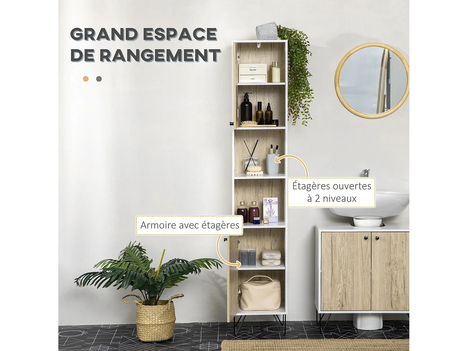 Meuble colonne rangement salle de bain style cosy 2 niches 2 portes avec étagère piètement épingle acier noir blanc aspect chêne clair