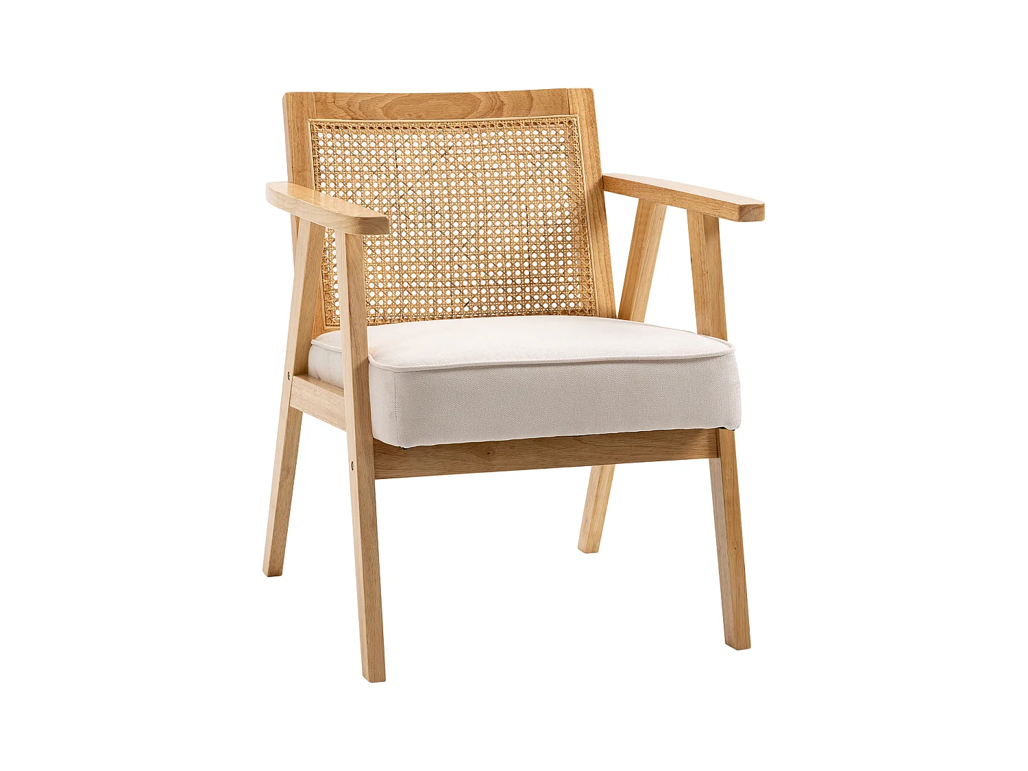 Fauteuil lounge avec coussin - dossier en cannage - assise profonde - accoudoirs - structure bois hévéa - aspect lin beige