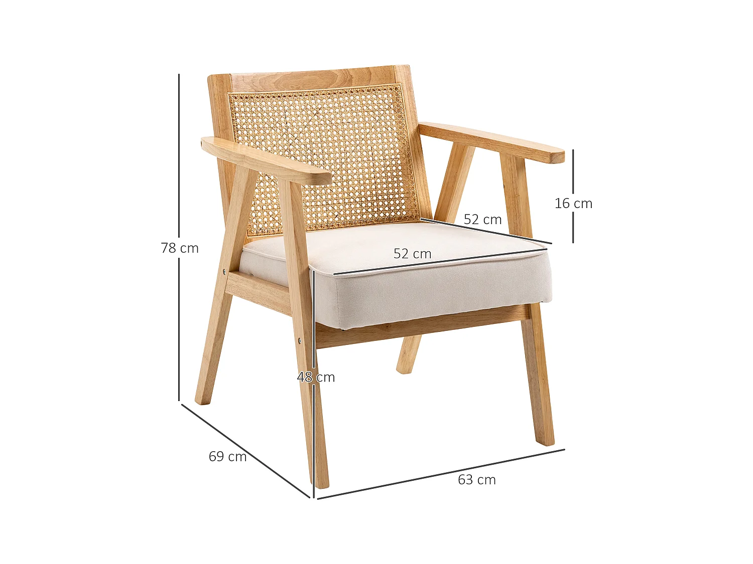 Fauteuil lounge avec coussin - dossier en cannage - assise profonde - accoudoirs - structure bois hévéa - aspect lin beige