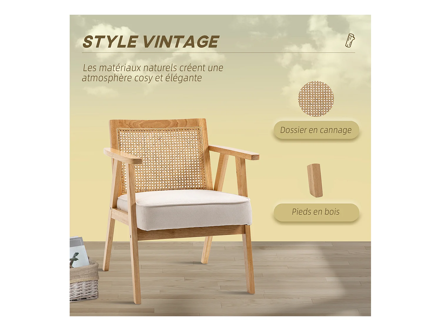 Fauteuil lounge avec coussin - dossier en cannage - assise profonde - accoudoirs - structure bois hévéa - aspect lin beige