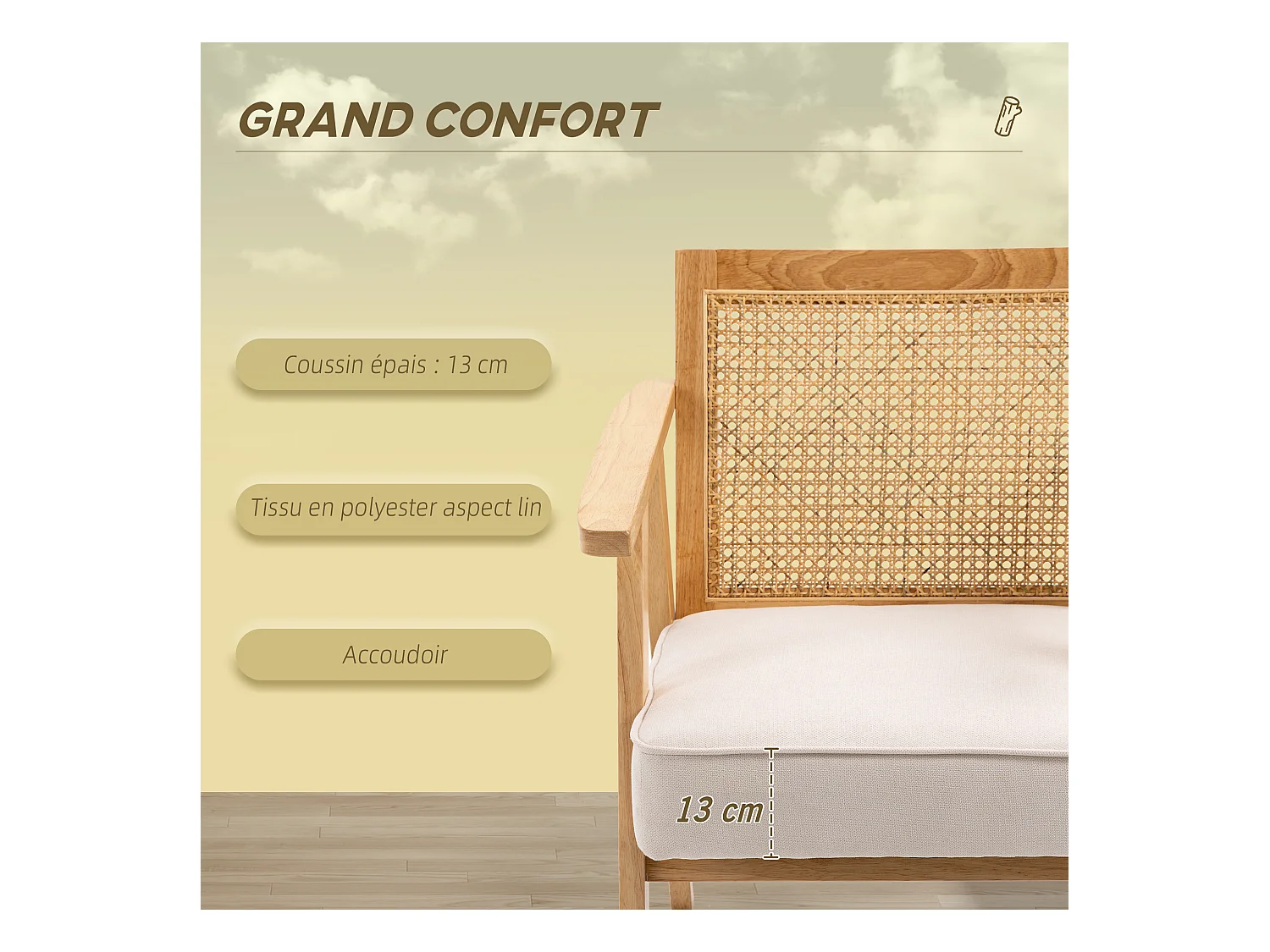 Fauteuil lounge avec coussin - dossier en cannage - assise profonde - accoudoirs - structure bois hévéa - aspect lin beige