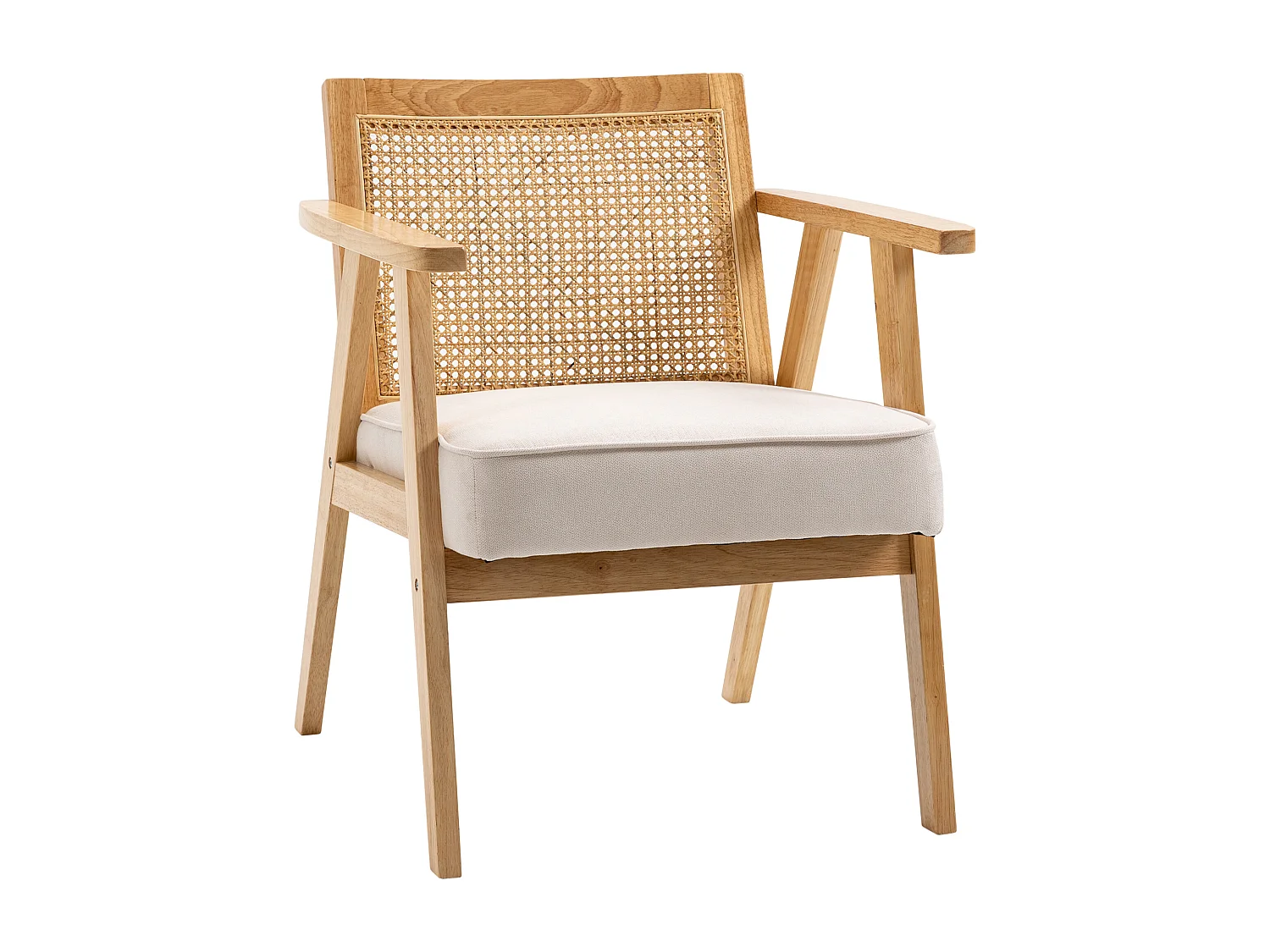 Fauteuil lounge avec coussin - dossier en cannage - assise profonde - accoudoirs - structure bois hévéa - aspect lin beige