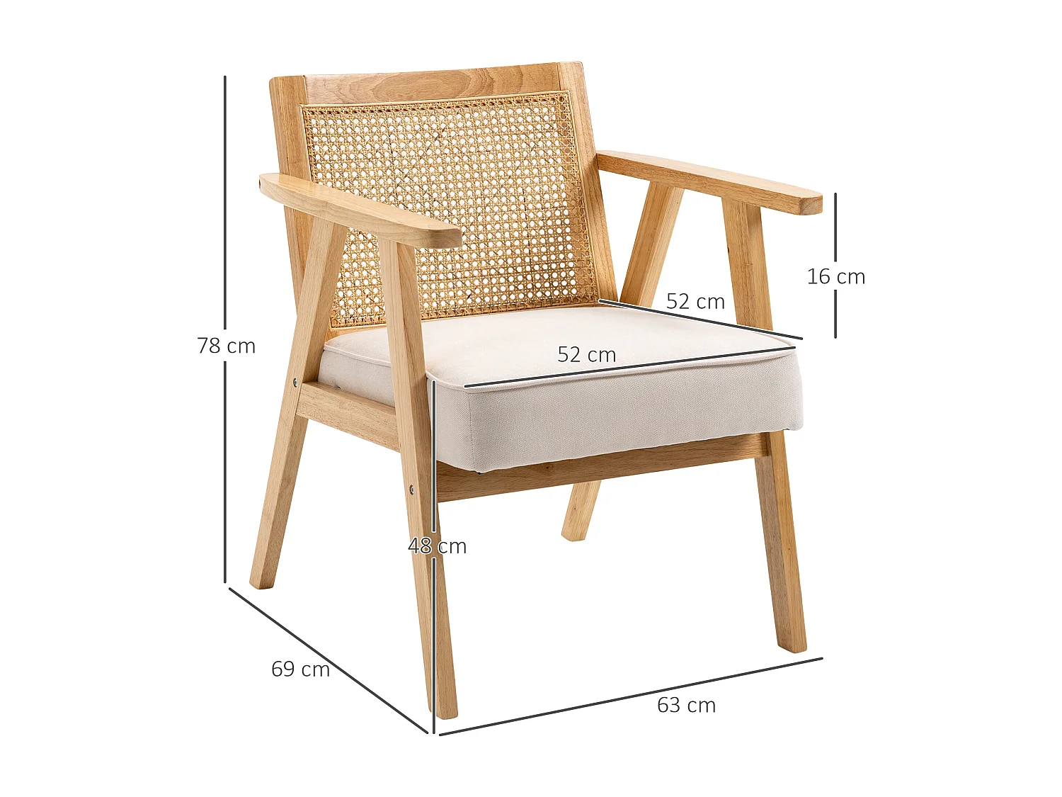 Fauteuil lounge avec coussin - dossier en cannage - assise profonde - accoudoirs - structure bois hévéa - aspect lin beige