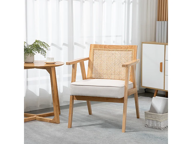 Fauteuil lounge avec coussin - dossier en cannage - assise profonde - accoudoirs - structure bois hévéa - aspect lin beige