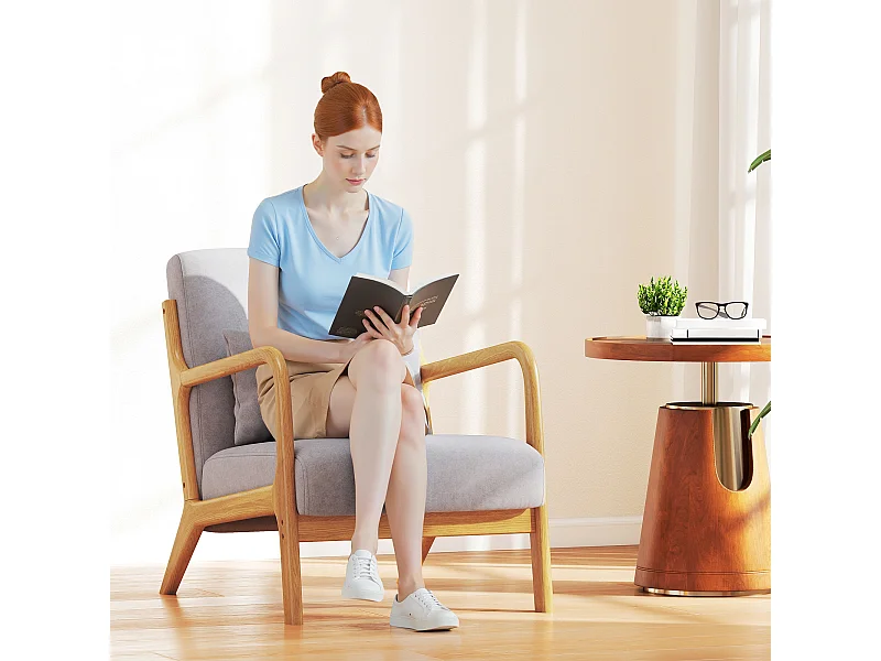 Fauteuil lounge - 3 coussins inclus - assise profonde - accoudoirs - structure bois hévéa - aspect velours gris