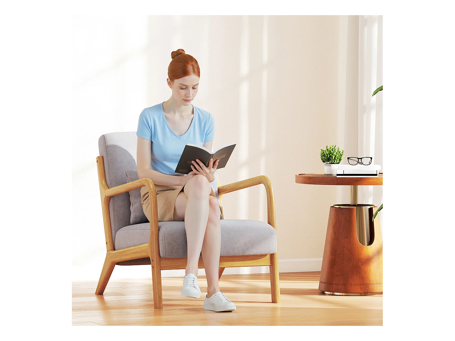 Fauteuil lounge - 3 coussins inclus - assise profonde - accoudoirs - structure bois hévéa - aspect velours gris