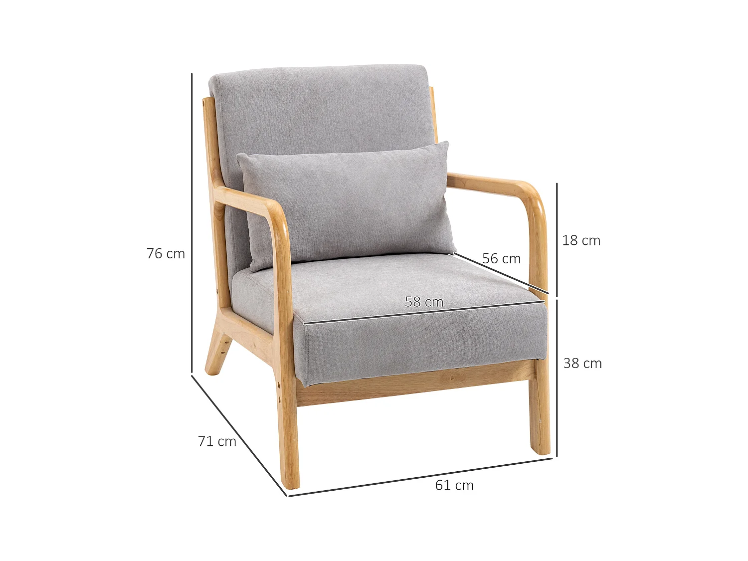Fauteuil lounge - 3 coussins inclus - assise profonde - accoudoirs - structure bois hévéa - aspect velours gris