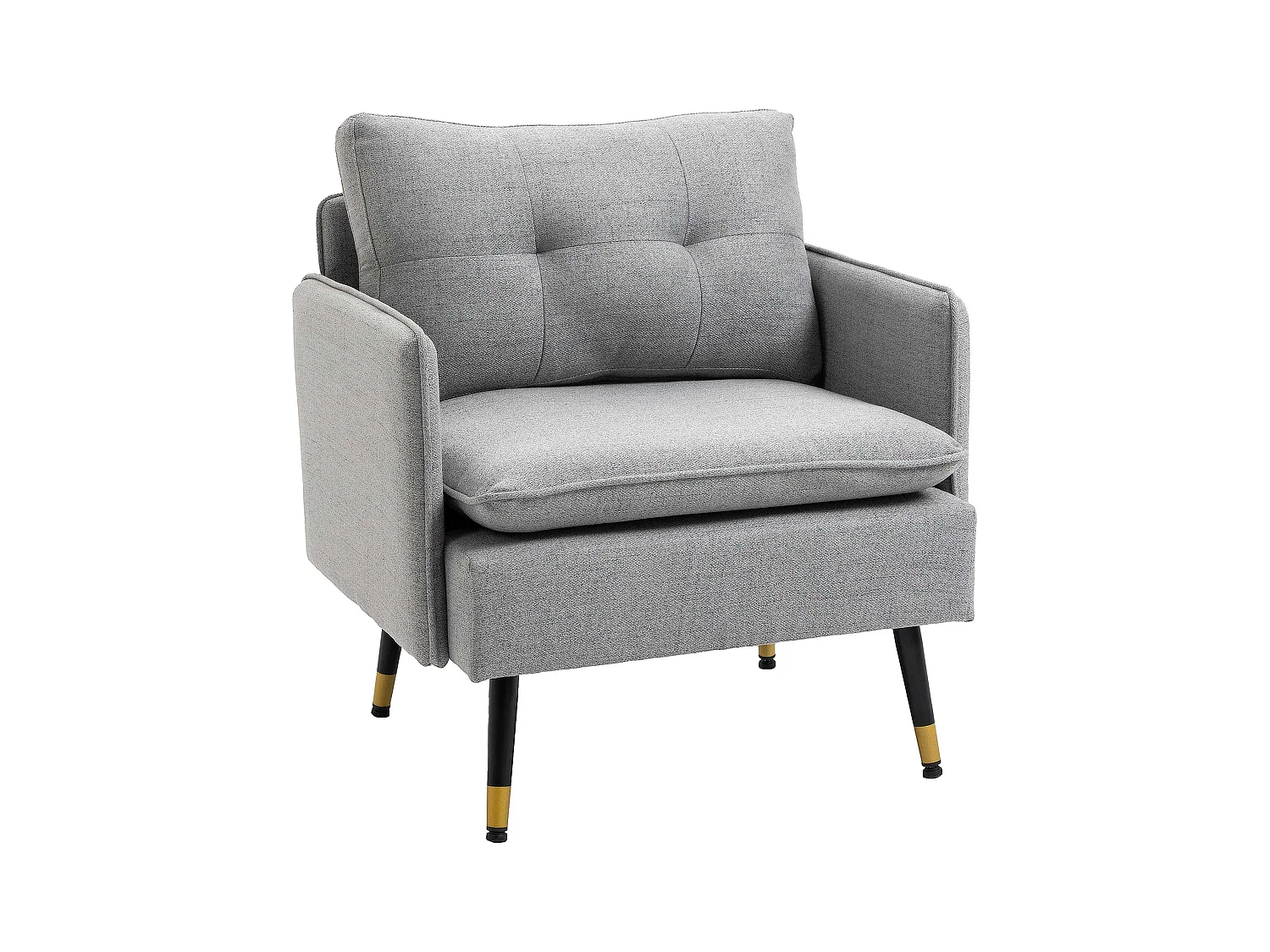 Fauteuil style art-déco dossier effet capitonné piètement incliné effilé métal noir extrémités dorées tissu gris