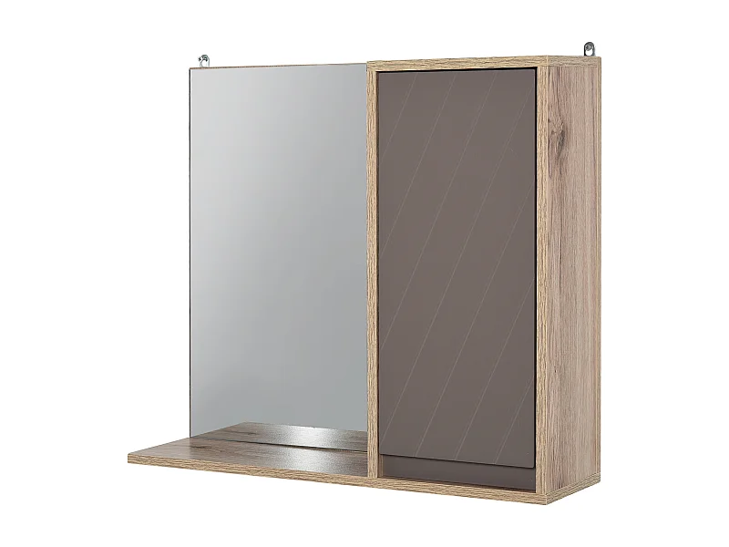 Miroir de salle de bain avec étagère et placard - système fixation intégré - panneaux particules chêne clair gris