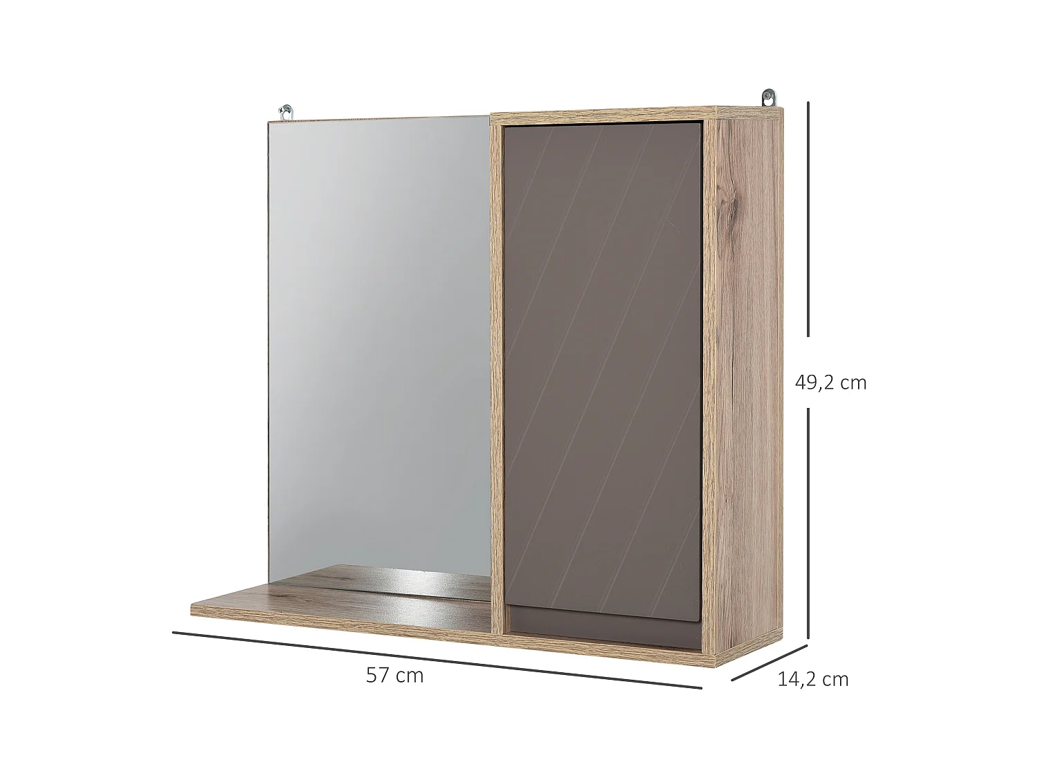 Miroir de salle de bain avec étagère et placard - système fixation intégré - panneaux particules chêne clair gris