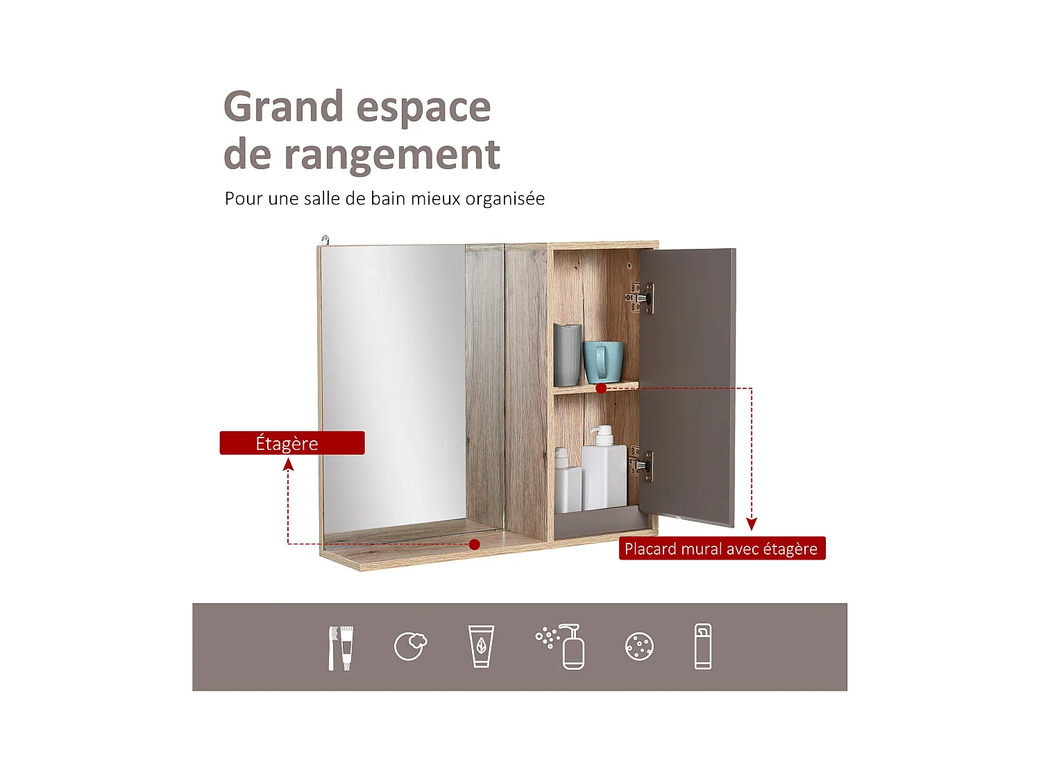 Miroir de salle de bain avec étagère et placard - système fixation intégré - panneaux particules chêne clair gris