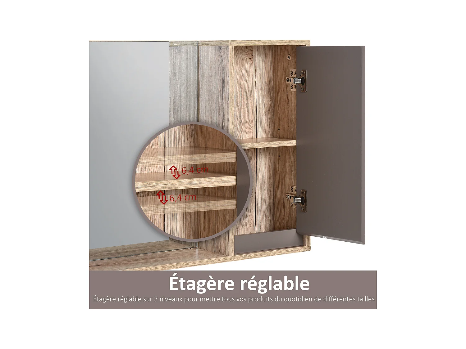Miroir de salle de bain avec étagère et placard - système fixation intégré - panneaux particules chêne clair gris