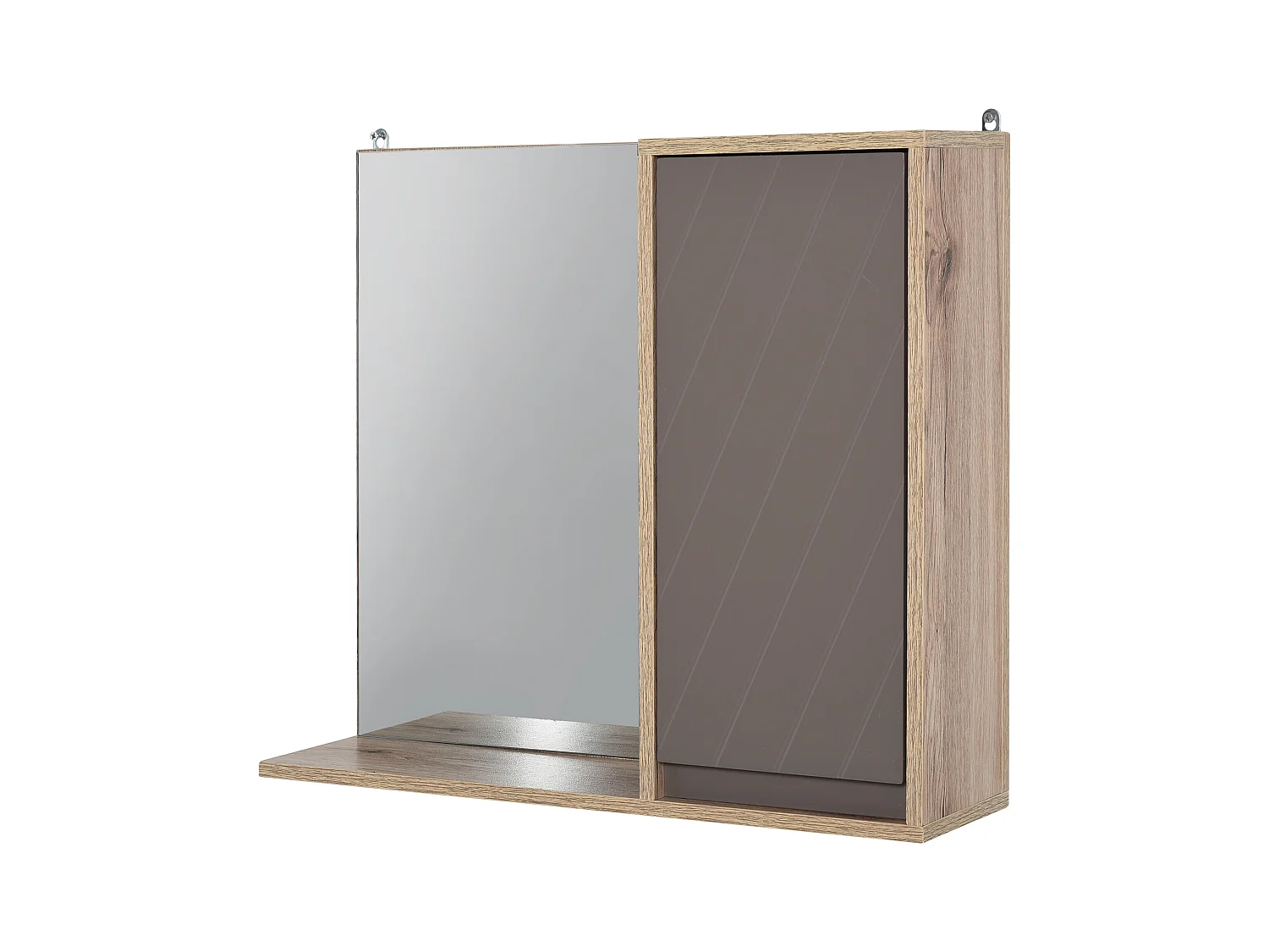 Miroir de salle de bain avec étagère et placard - système fixation intégré - panneaux particules chêne clair gris