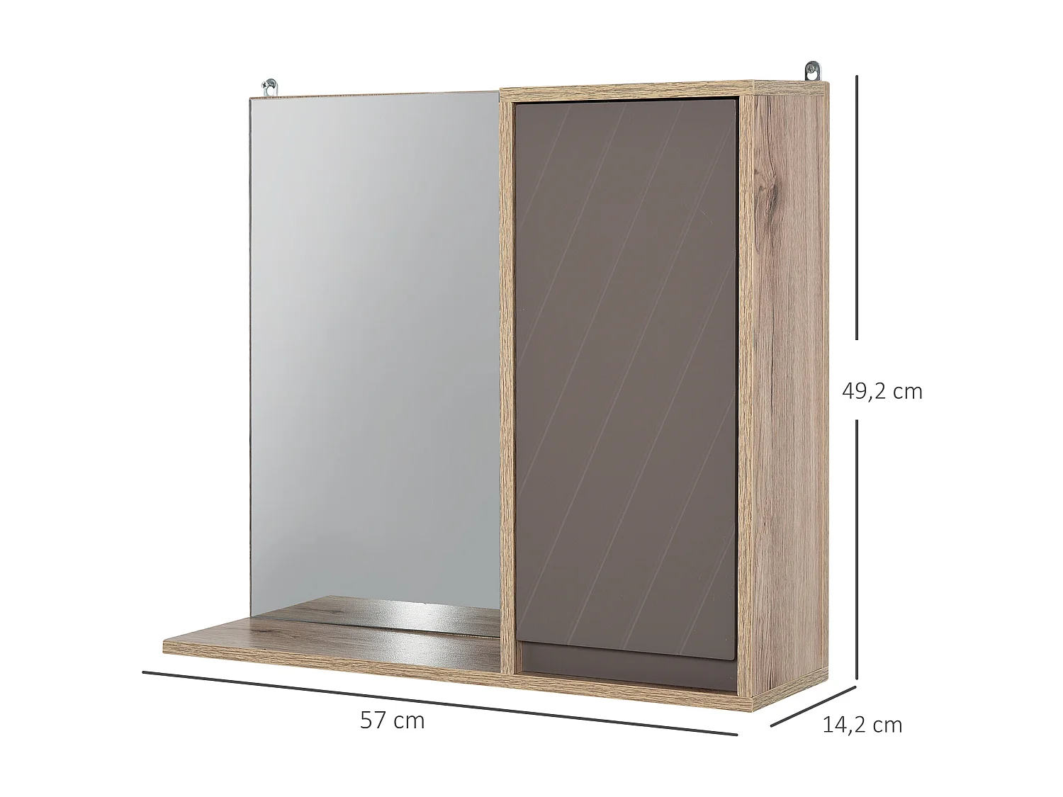 Miroir de salle de bain avec étagère et placard - système fixation intégré - panneaux particules chêne clair gris