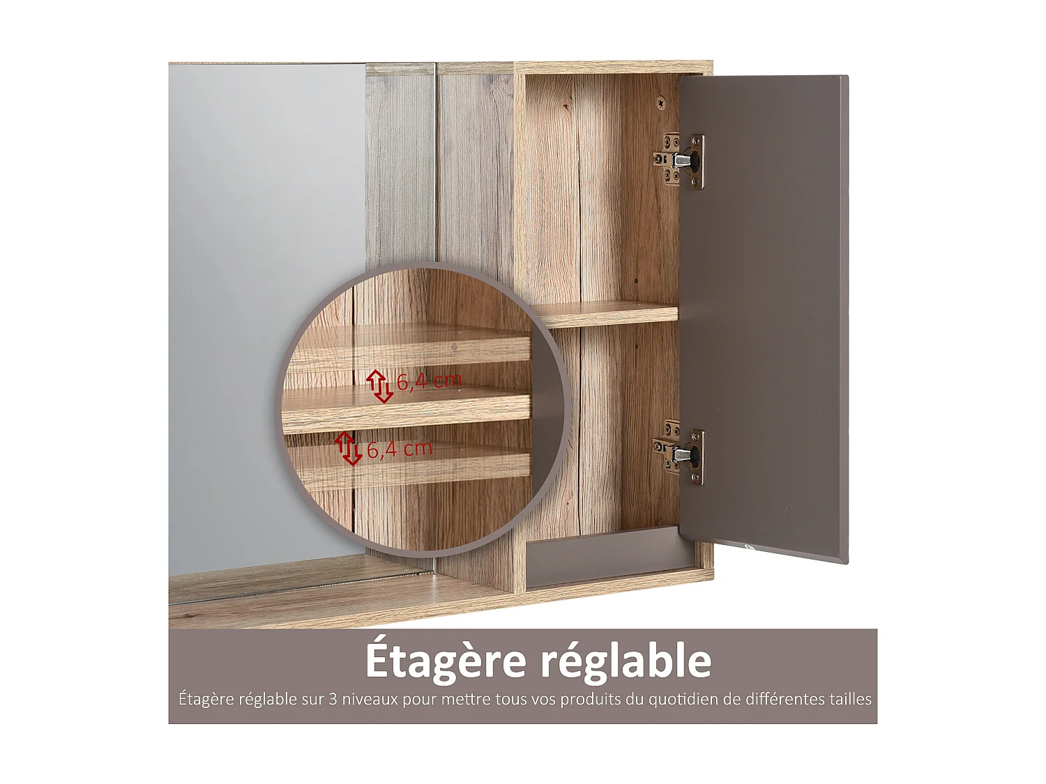 Miroir de salle de bain avec étagère et placard - système fixation intégré - panneaux particules chêne clair gris