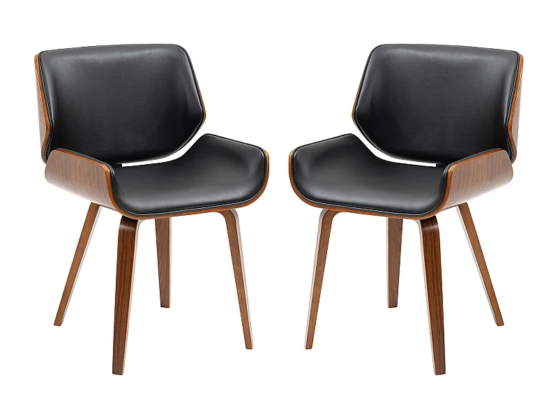 Lot de 2 chaises design vintage piètement châssis bois peuplier aspect noyer revêtement mixte synthétique tissu noir