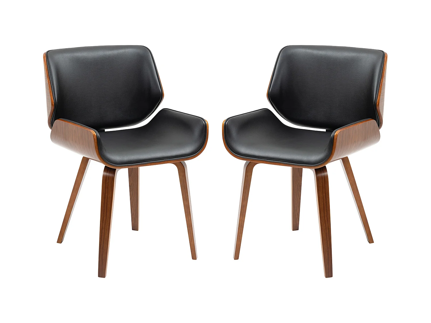 Lot de 2 chaises design vintage piètement châssis bois peuplier aspect noyer revêtement mixte synthétique tissu noir