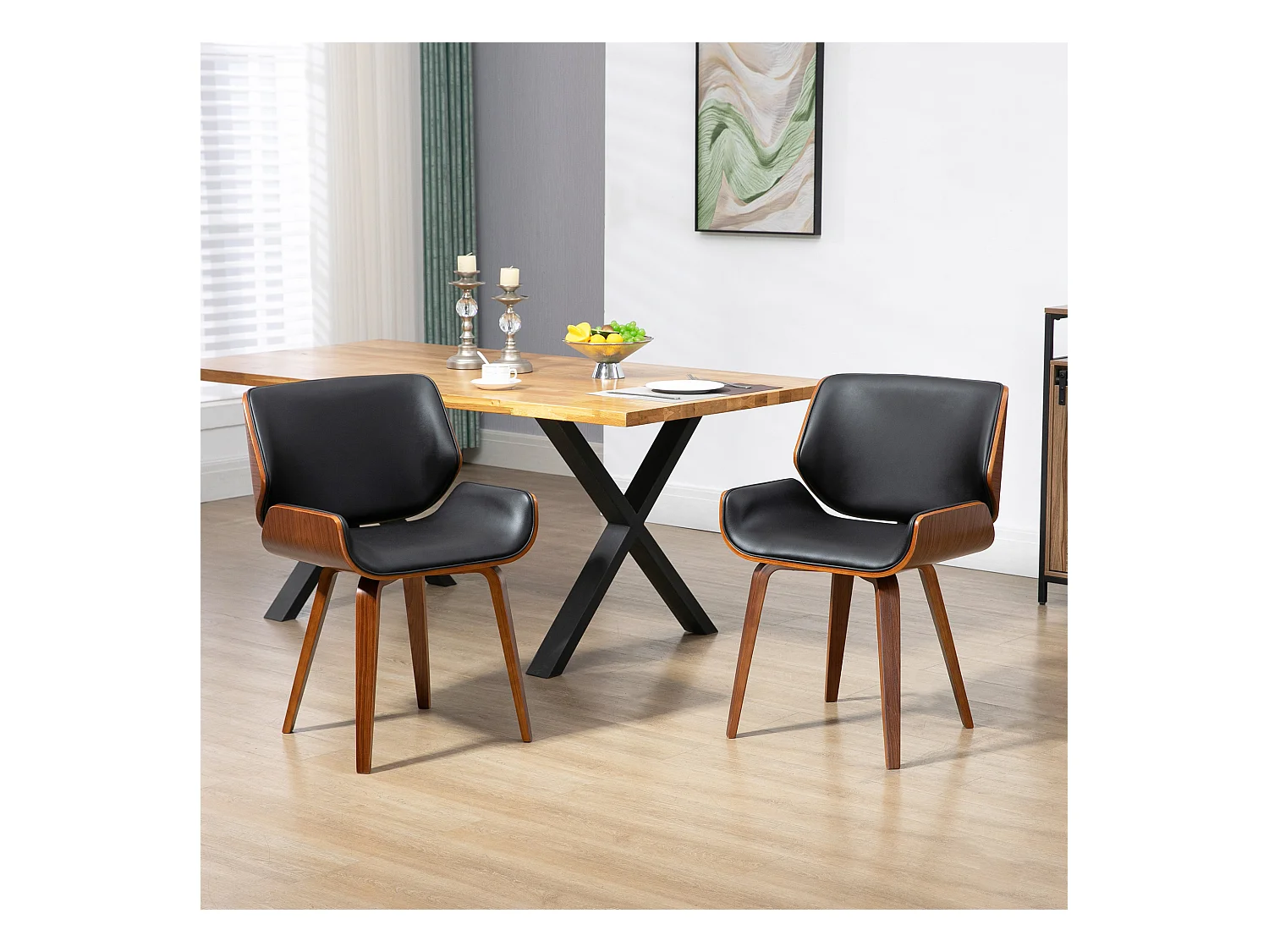 Lot de 2 chaises design vintage piètement châssis bois peuplier aspect noyer revêtement mixte synthétique tissu noir