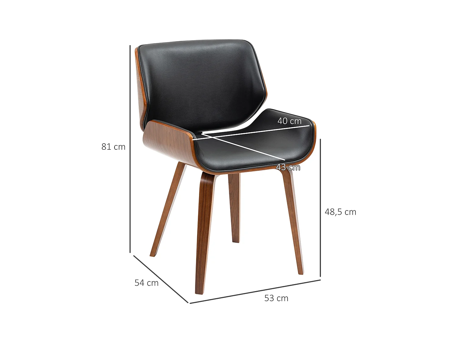 Lot de 2 chaises design vintage piètement châssis bois peuplier aspect noyer revêtement mixte synthétique tissu noir