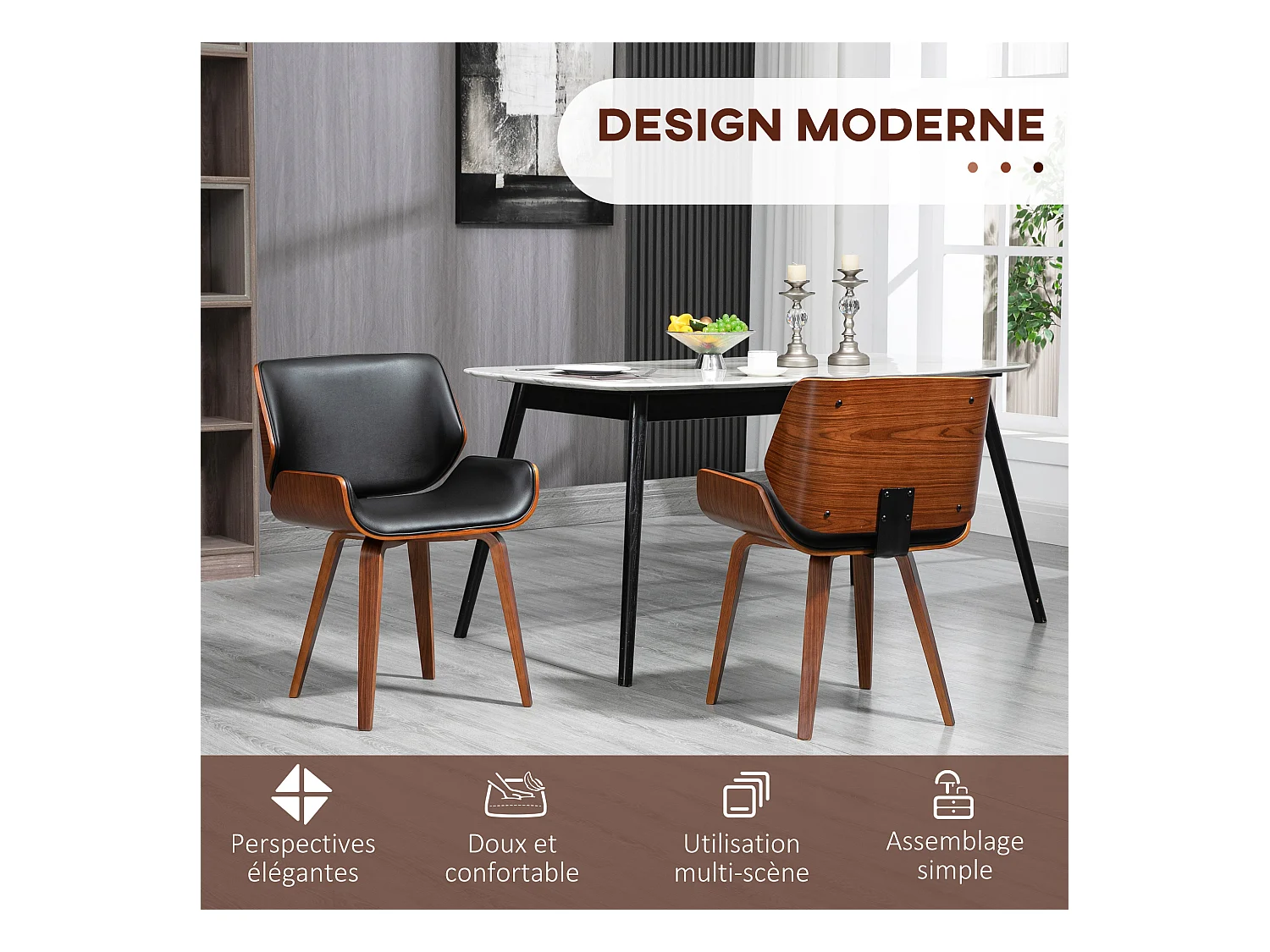 Lot de 2 chaises design vintage piètement châssis bois peuplier aspect noyer revêtement mixte synthétique tissu noir