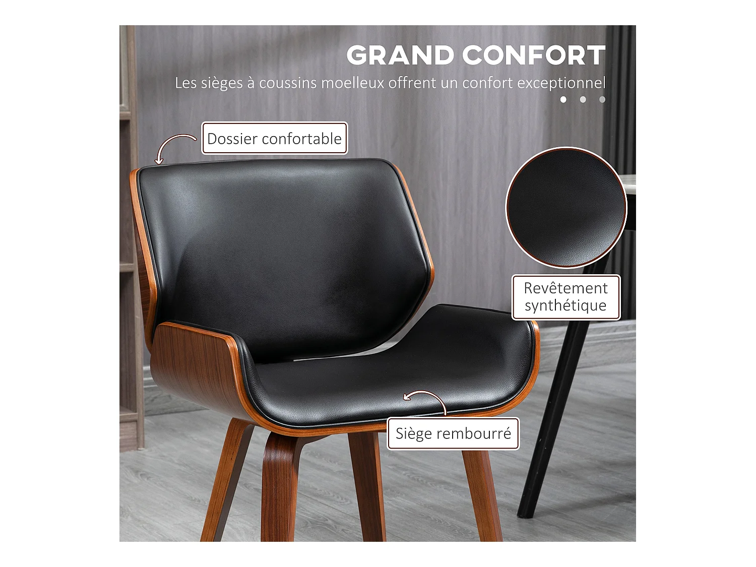 Lot de 2 chaises design vintage piètement châssis bois peuplier aspect noyer revêtement mixte synthétique tissu noir